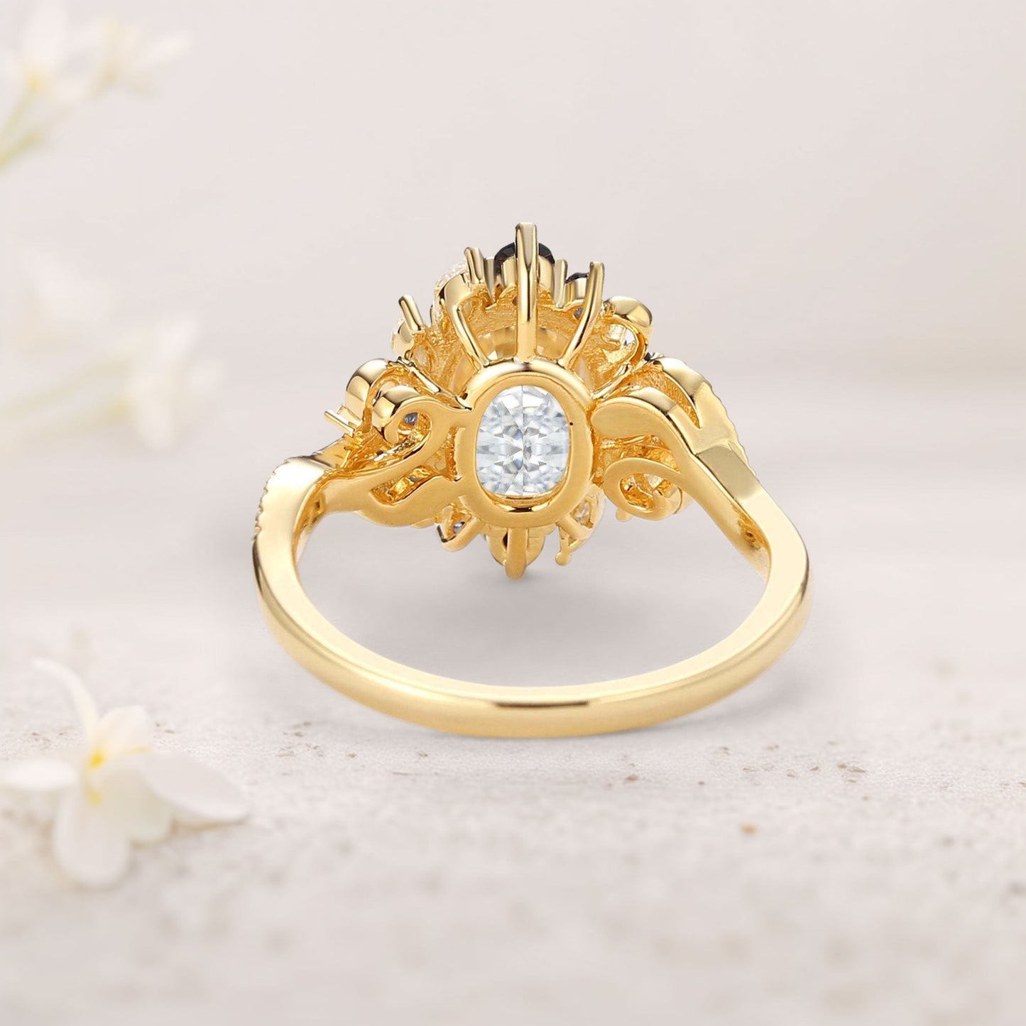 Unique floral engagement rings Halo Oval Moissanite and Sapphire Twist Ring