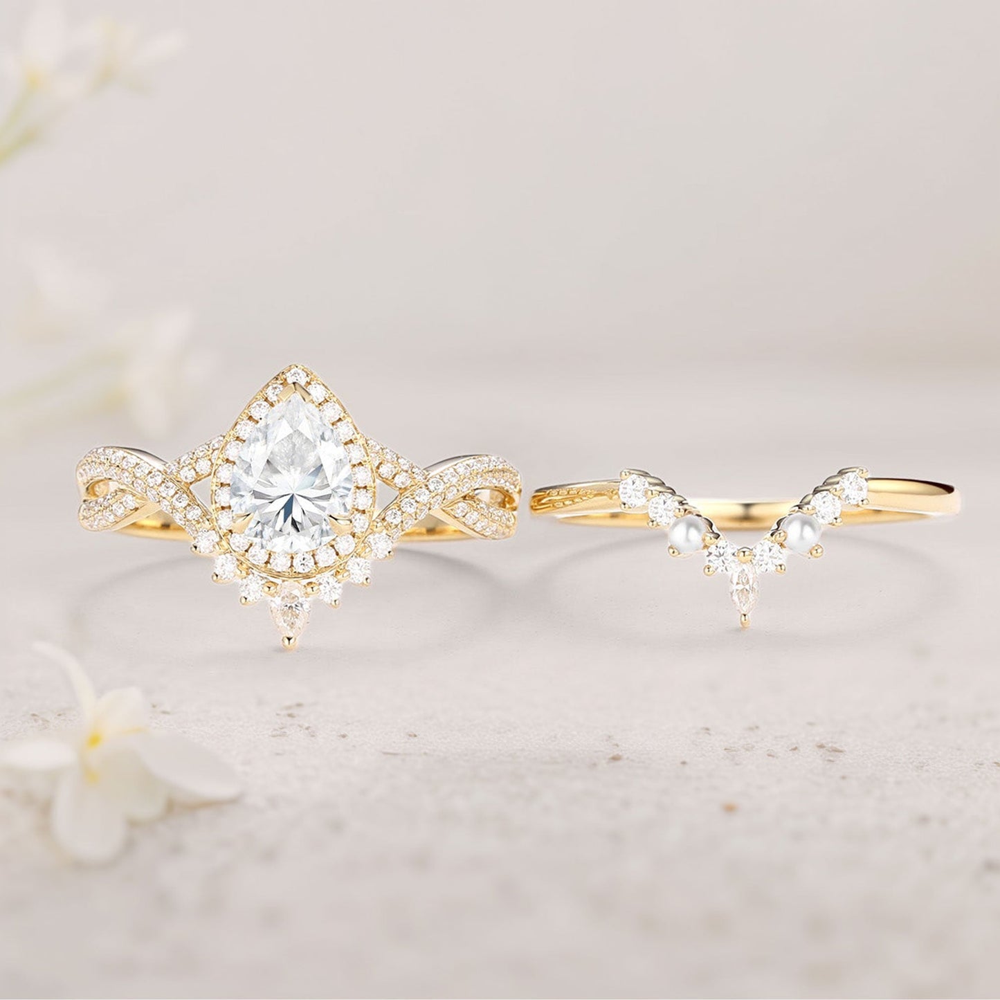 Vintage floral engagement rings Pear Moissanite and Pearl Halo Infinity Ring Set
