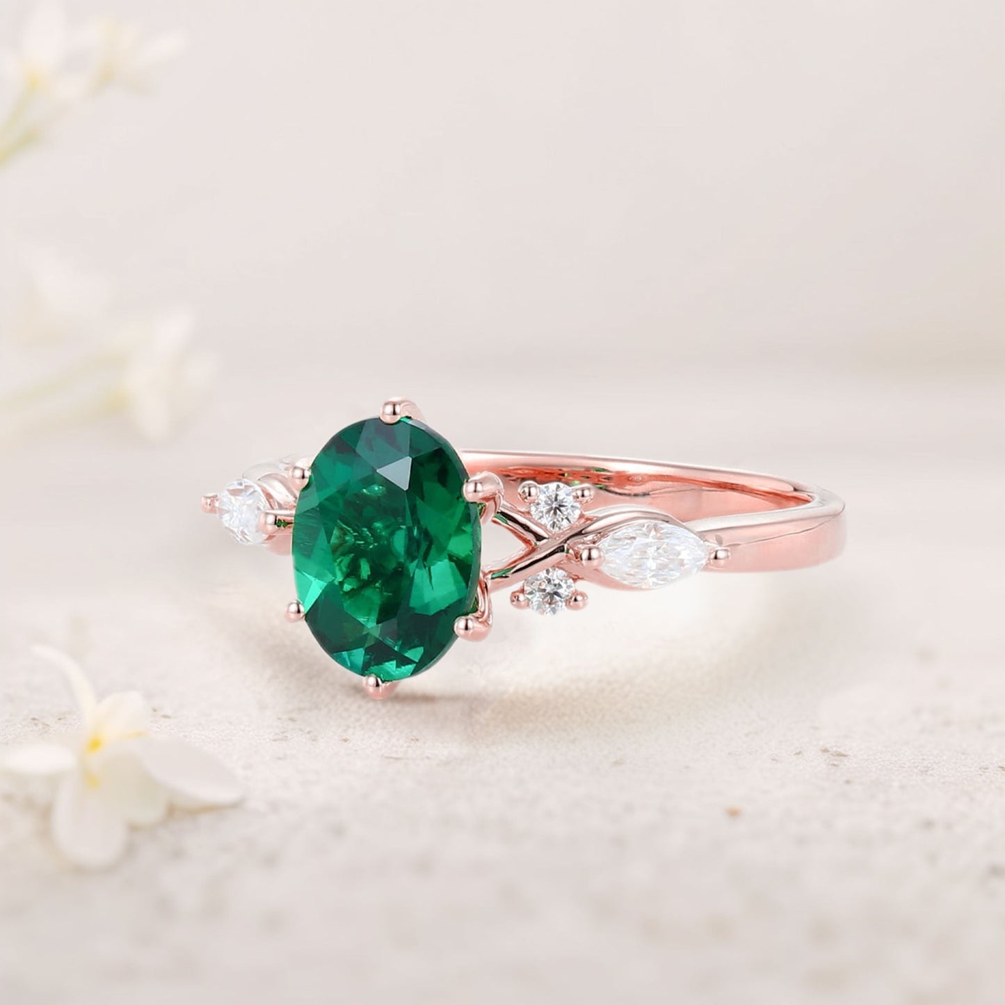 Unique Oval Emerald Split Shank Engagement Ring