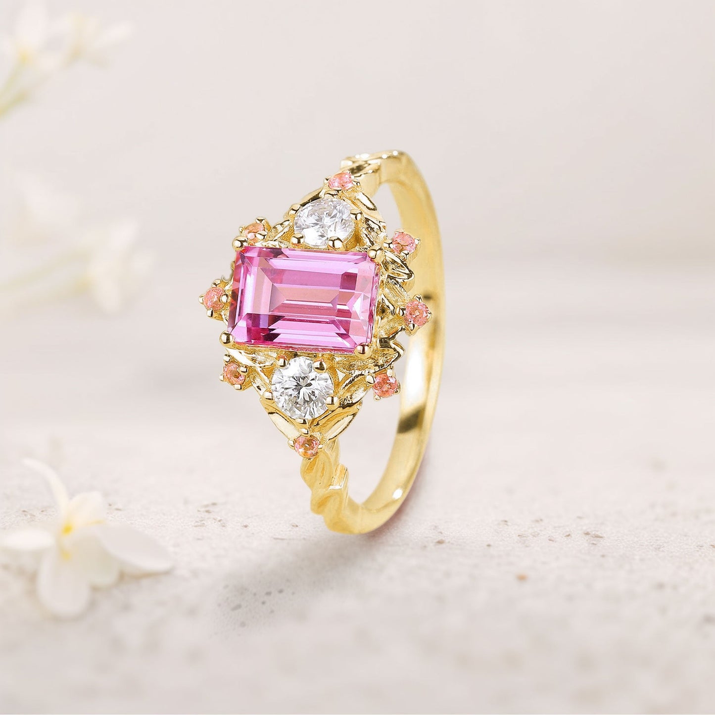 Unique floral engagement rings Emerald Cut Padparadscha Engagement Ring Leaf Design Padparadscha Cluster Wedding Ring