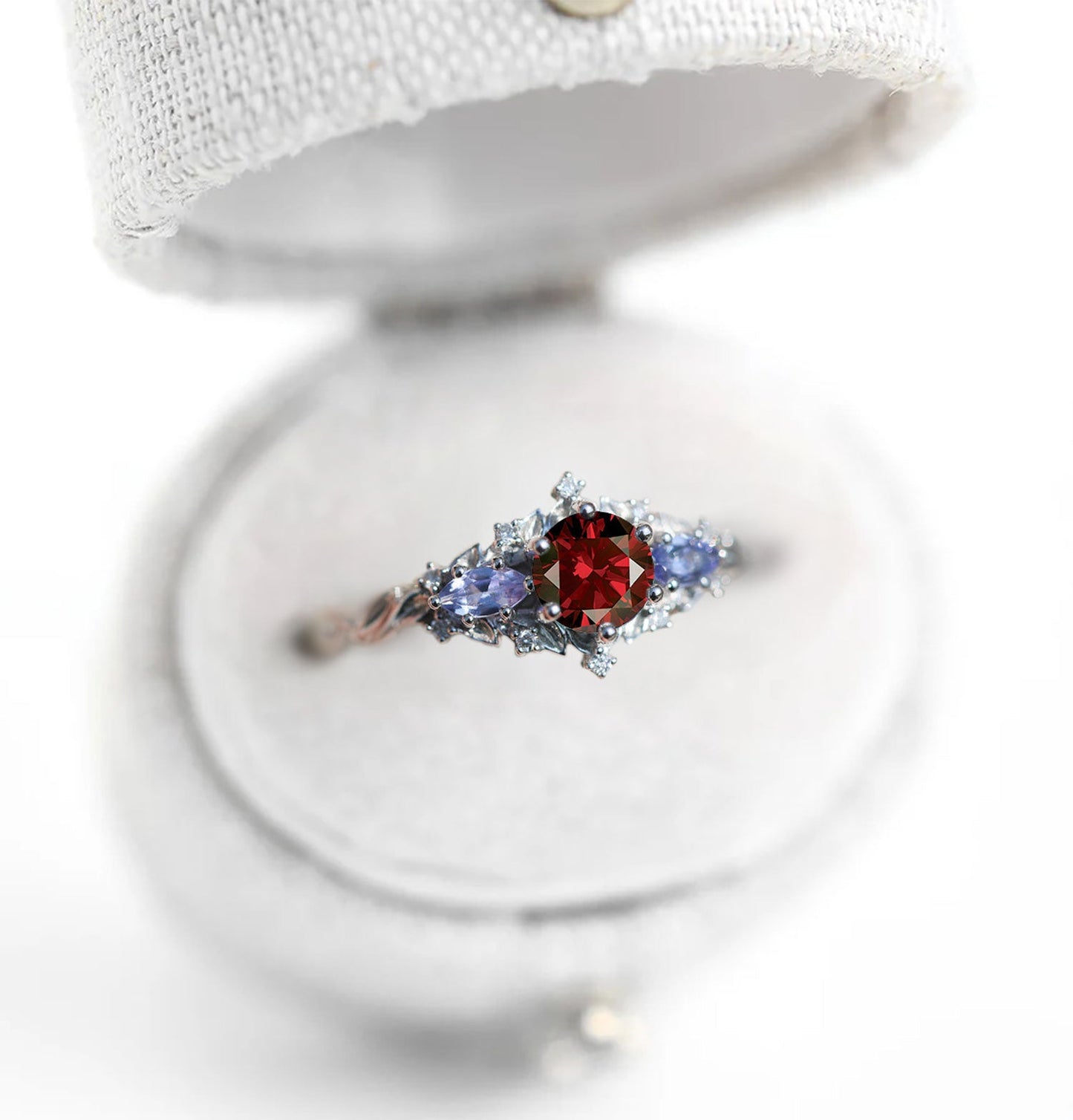 Unique Floral Rose Three Stone Round Garnet and Lab Tanzanite Anniversary Ring