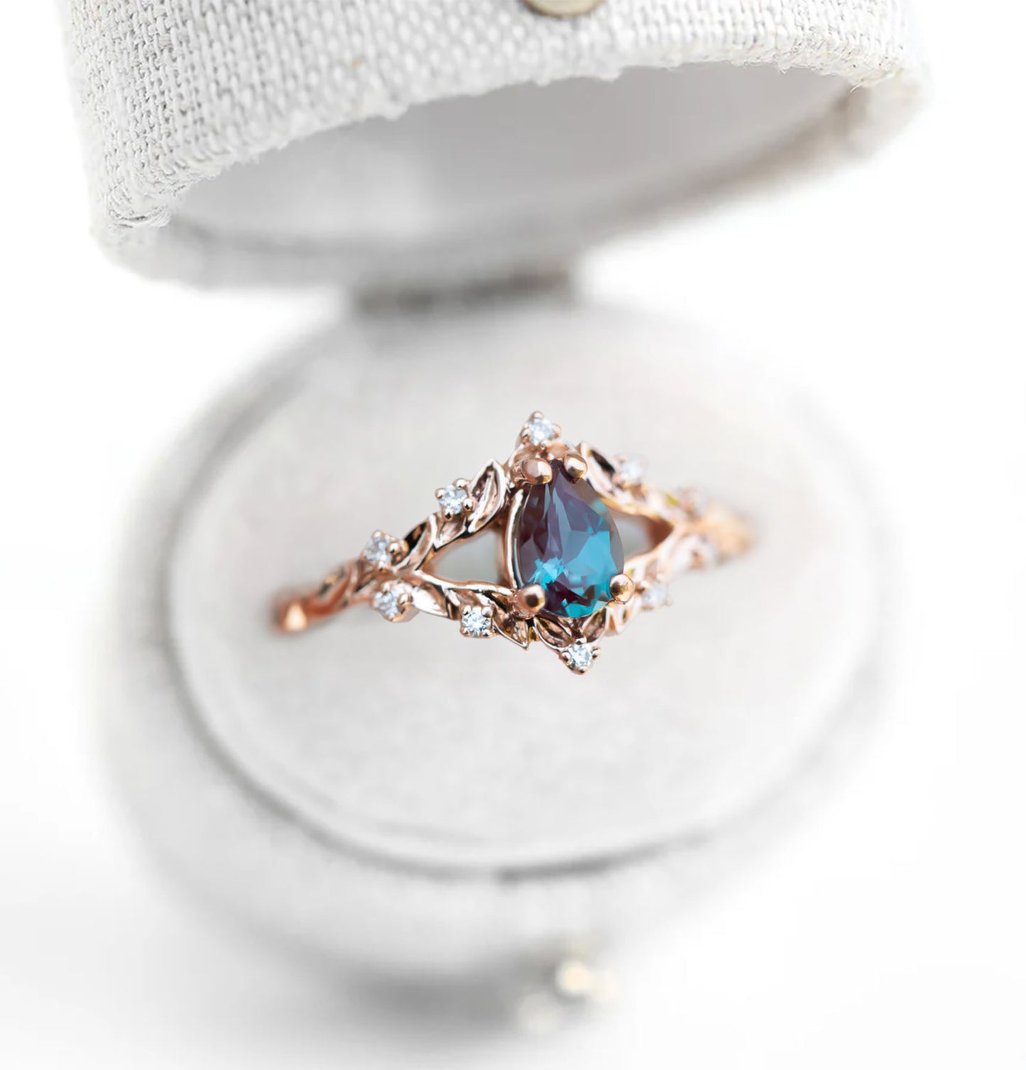 Unique Floral Rose Pear Lab Alexandrite Ring