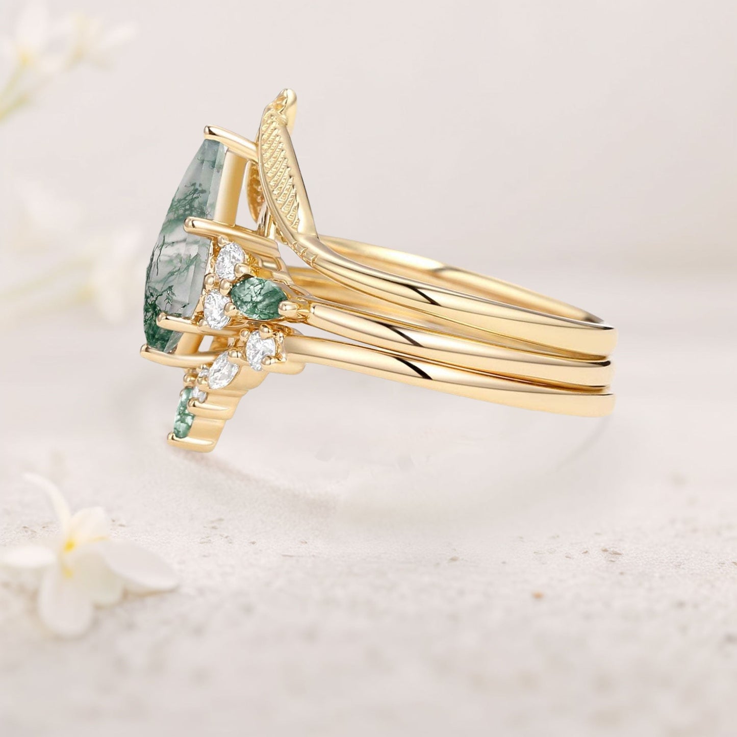 Unique floral engagement rings Kite Moss Agate Leafy Engagement Bridal Set