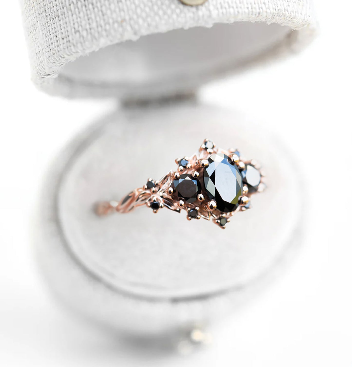 Unique Celeste Rose Three Stone Oval Black Moissanite Ring