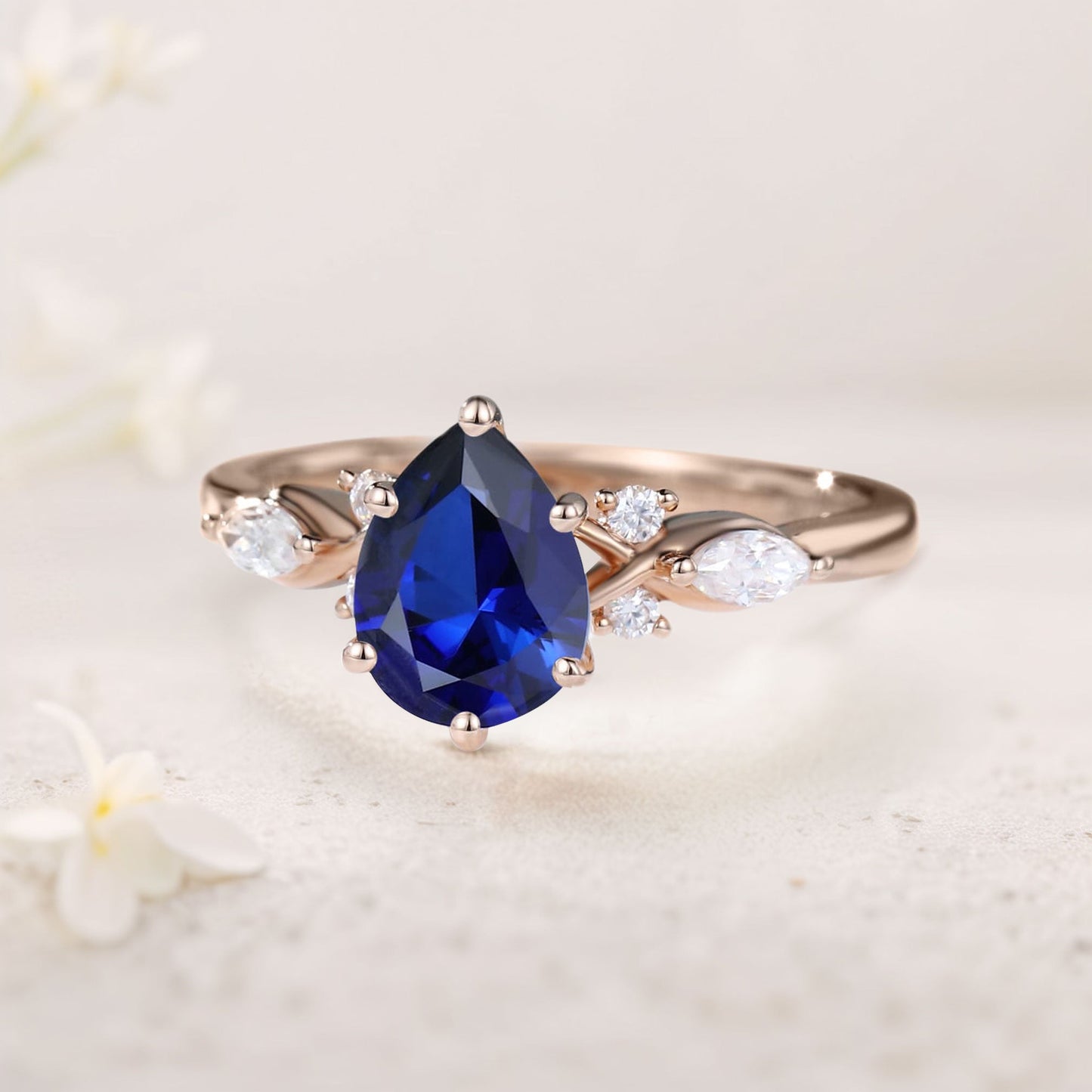 Vintage Pear Lab Sapphire Engagement Ring