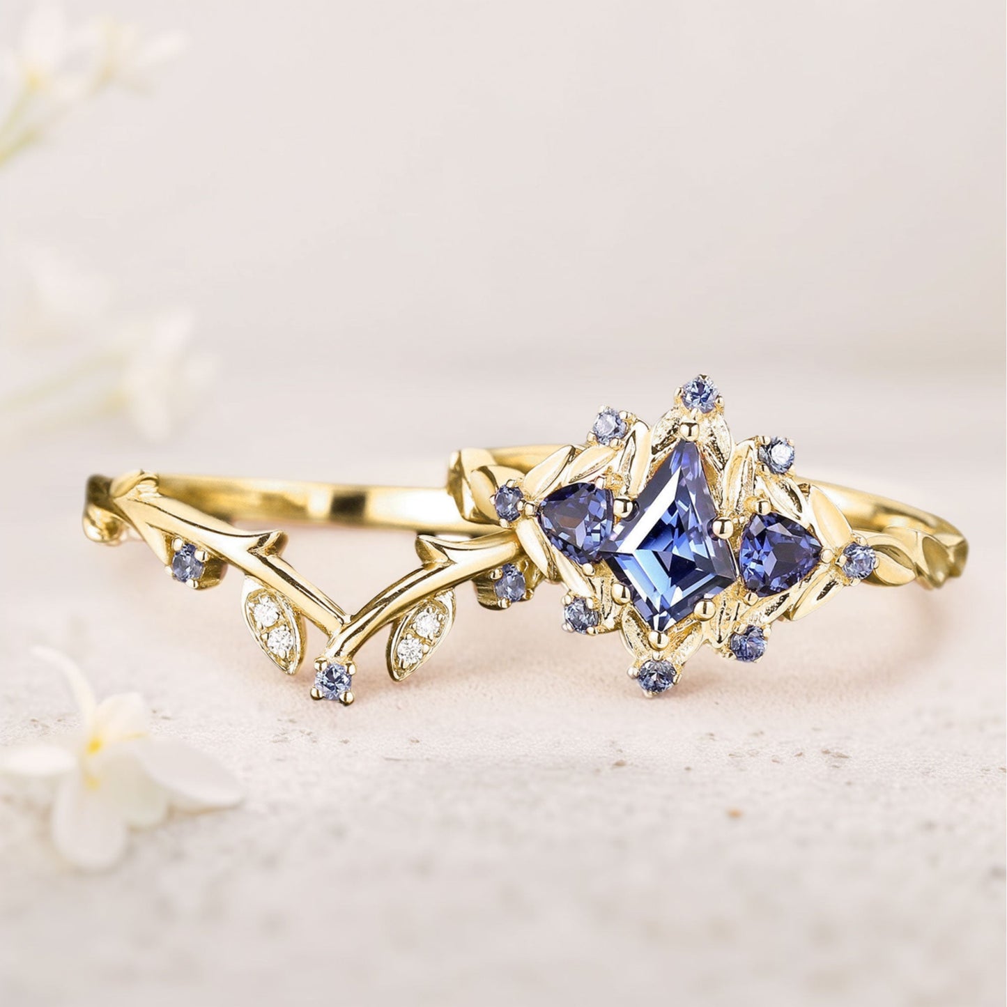 Unique floral engagement rings Kite Sapphire Engagement Ring Set Sapphire Cluster Ring Leaf Floral Wedding Ring Set
