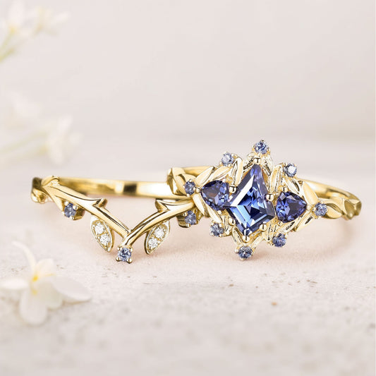 Unique floral engagement rings Kite Sapphire Engagement Ring Set Sapphire Cluster Ring Leaf Floral Wedding Ring Set