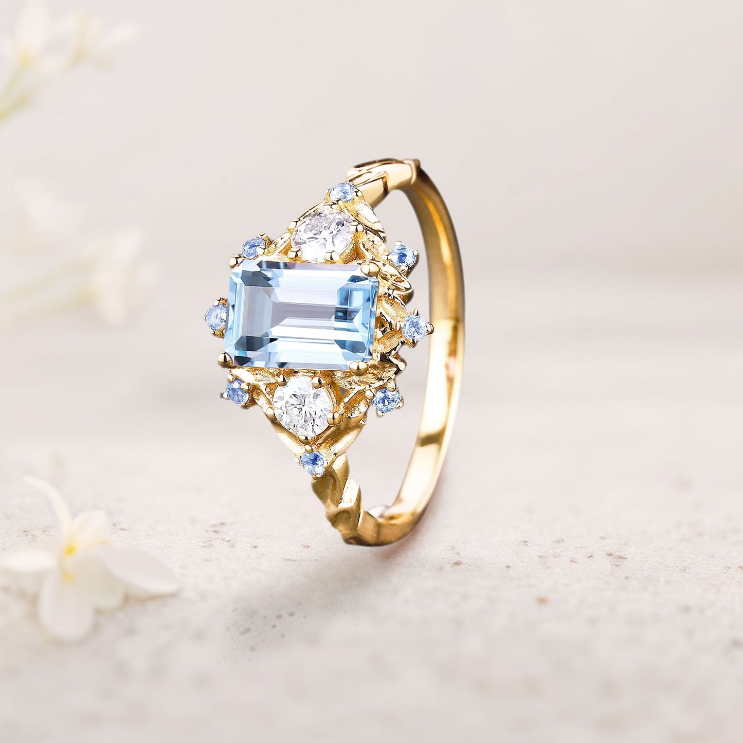 Unique floral engagement rings Natural Aquamarine Leaf Engagement Ring Promise Ring