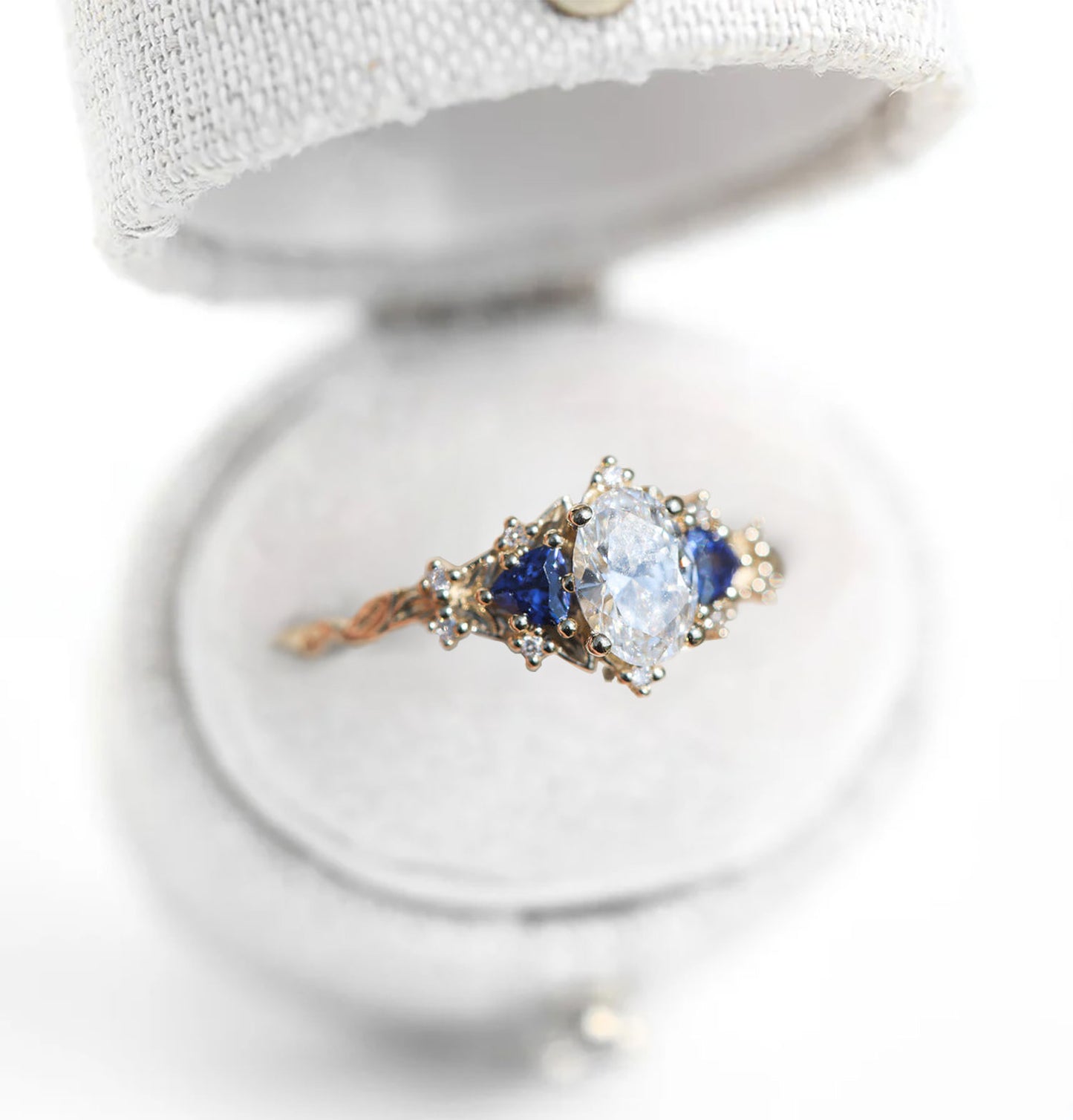Unique Celeste Rose Oval Moissanite and Lab Sapphire Ring