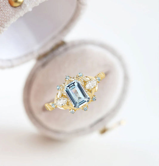 Unique floral engagement rings Emerald Cut Aquamarine Flower Engagement Ring Aquamarine Halo Leaf Wedding Ring