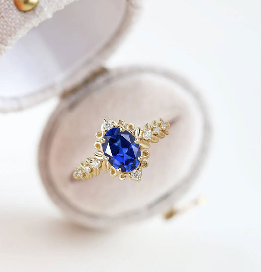 Unique Elegant Royal Blue Sapphire Filigree Leaf Engagement Ring