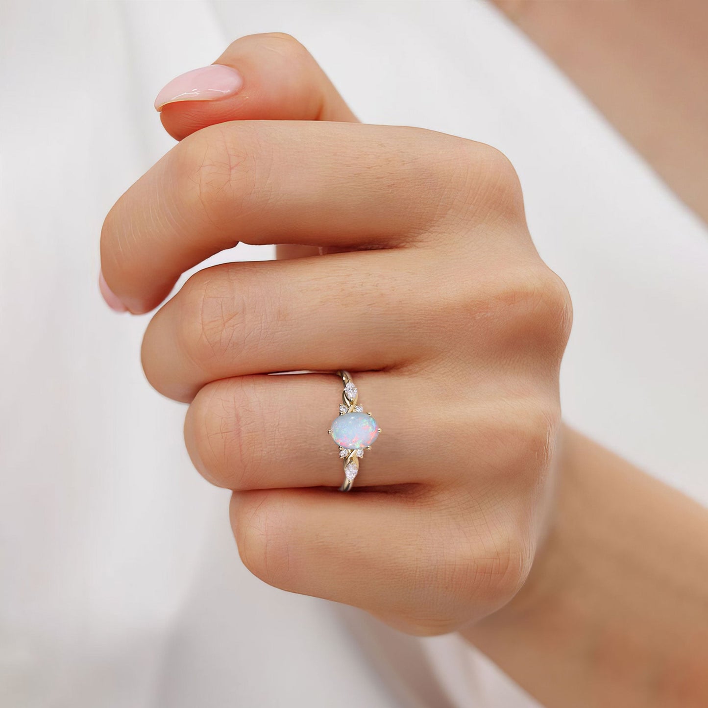 Vintage Oval Opal and Moissanite Engagement Ring