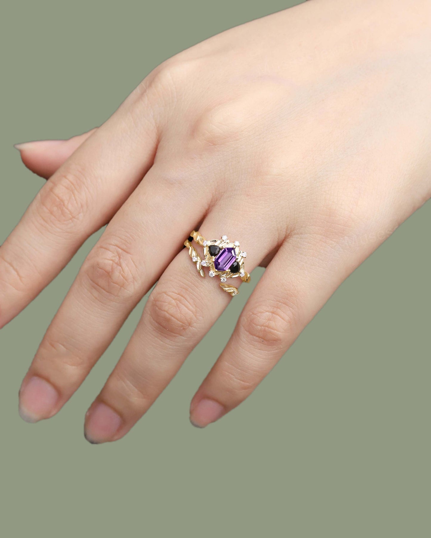 Unique floral engagement rings Long Hexagon Amethyst Leaf Engagement Ring Wedding Ring Set