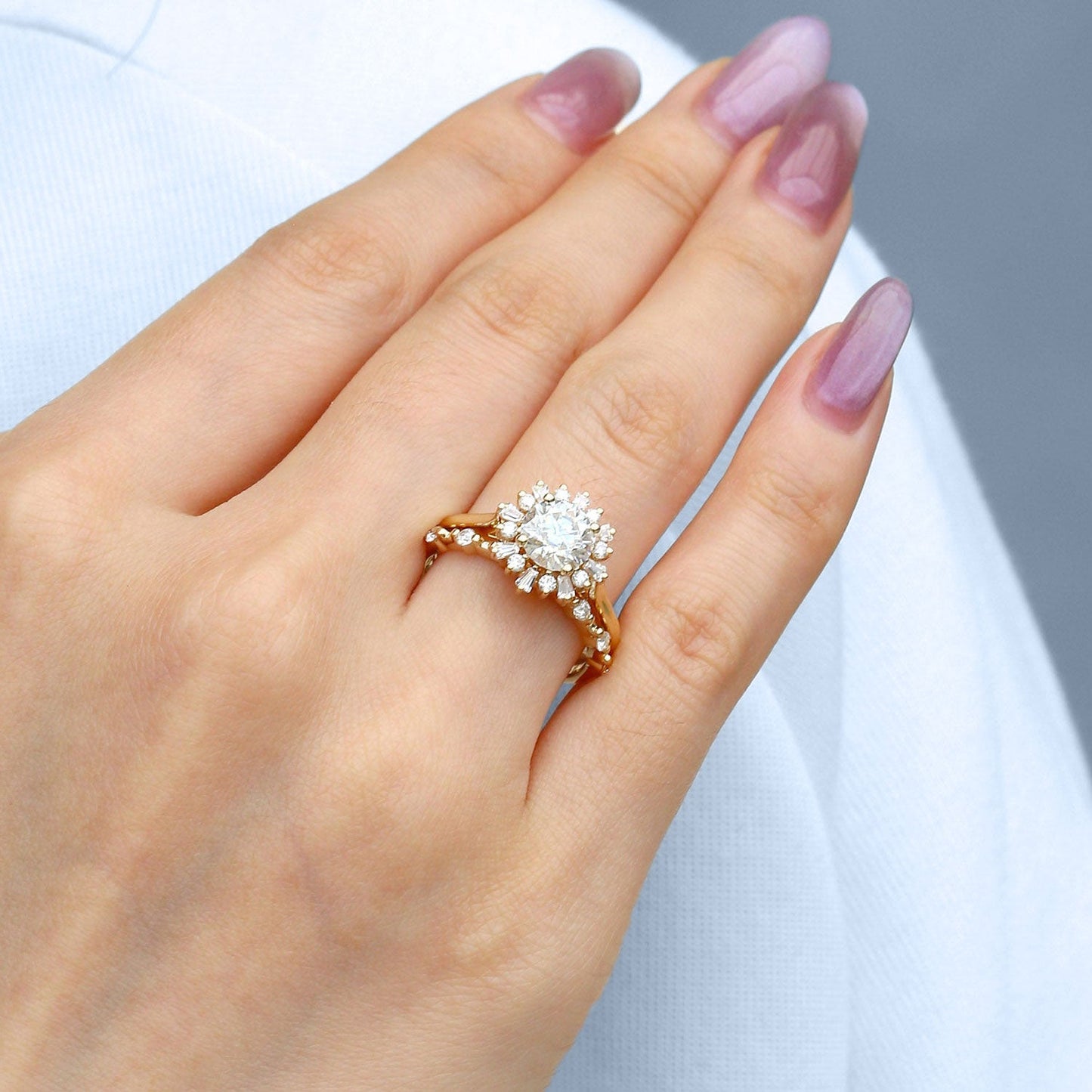 Unique floral engagement rings Round Moissanite Halo Floral Ring Set