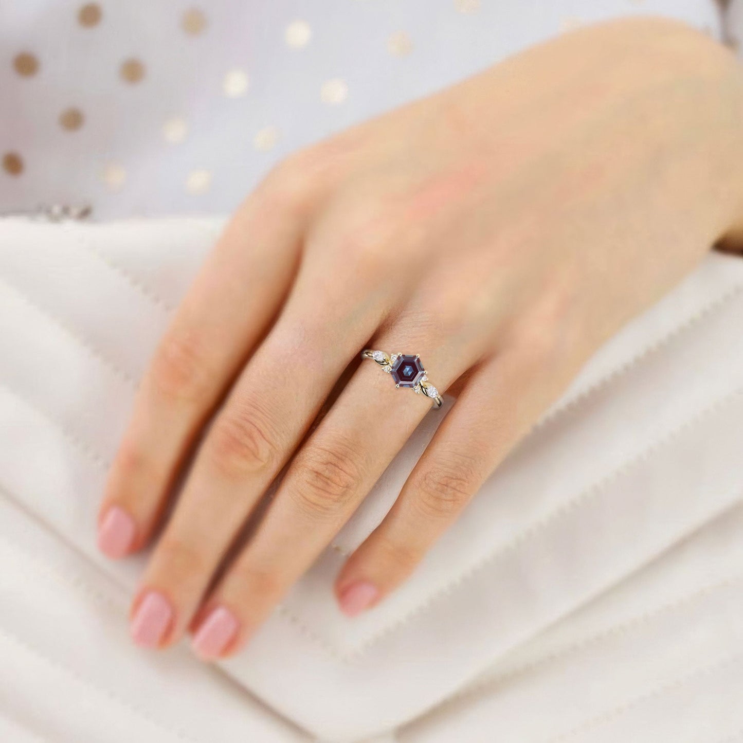 Vintage Hexagon Alexandrite Engagement Ring For Women