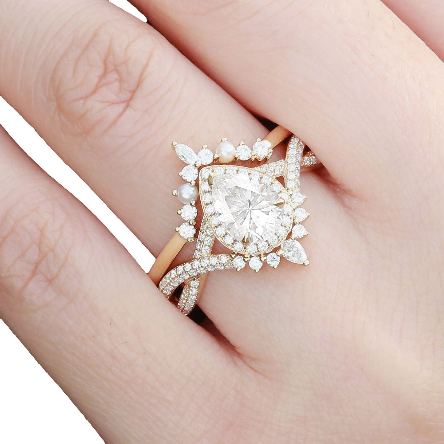 Vintage floral engagement rings Pear Moissanite and Pearl Halo Infinity Ring Set