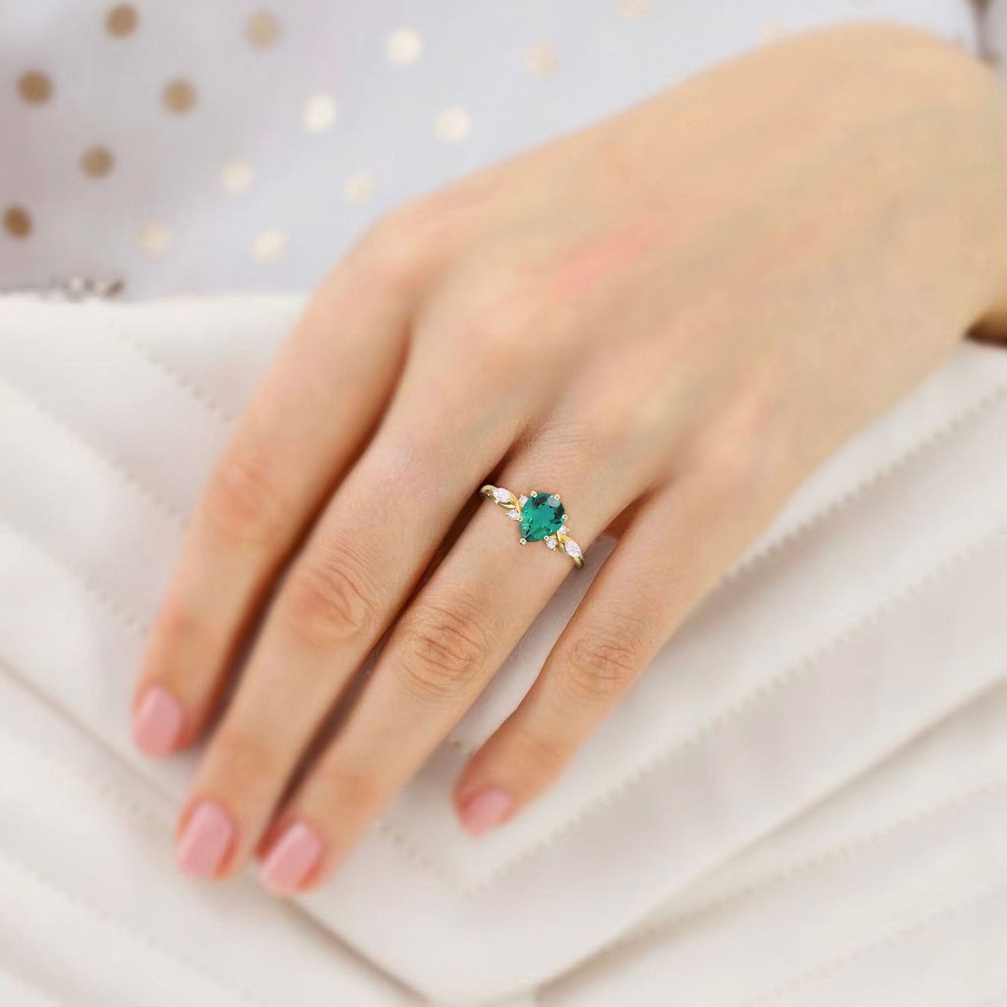 Unique Pear Emerald Split Shank Engagement Ring