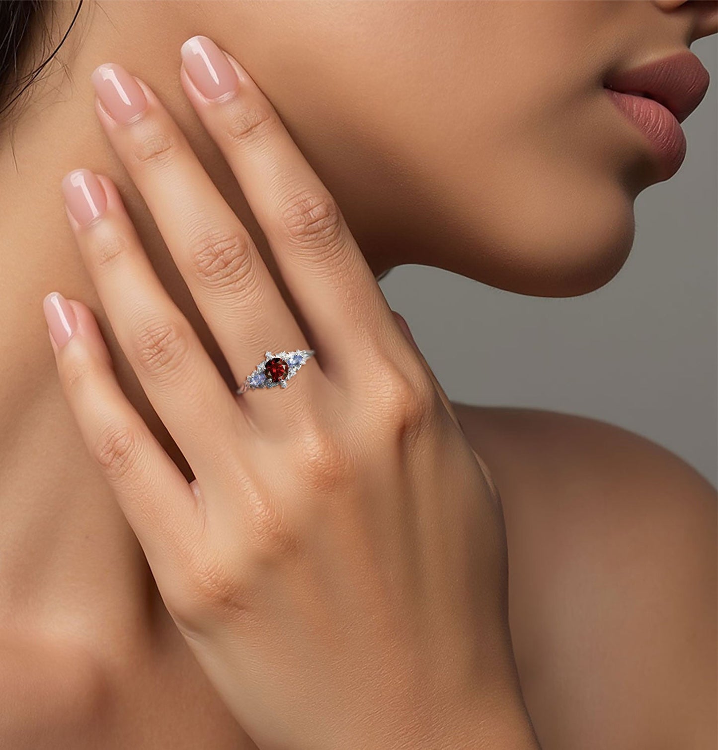 Unique Floral Rose Three Stone Round Garnet and Lab Tanzanite Anniversary Ring