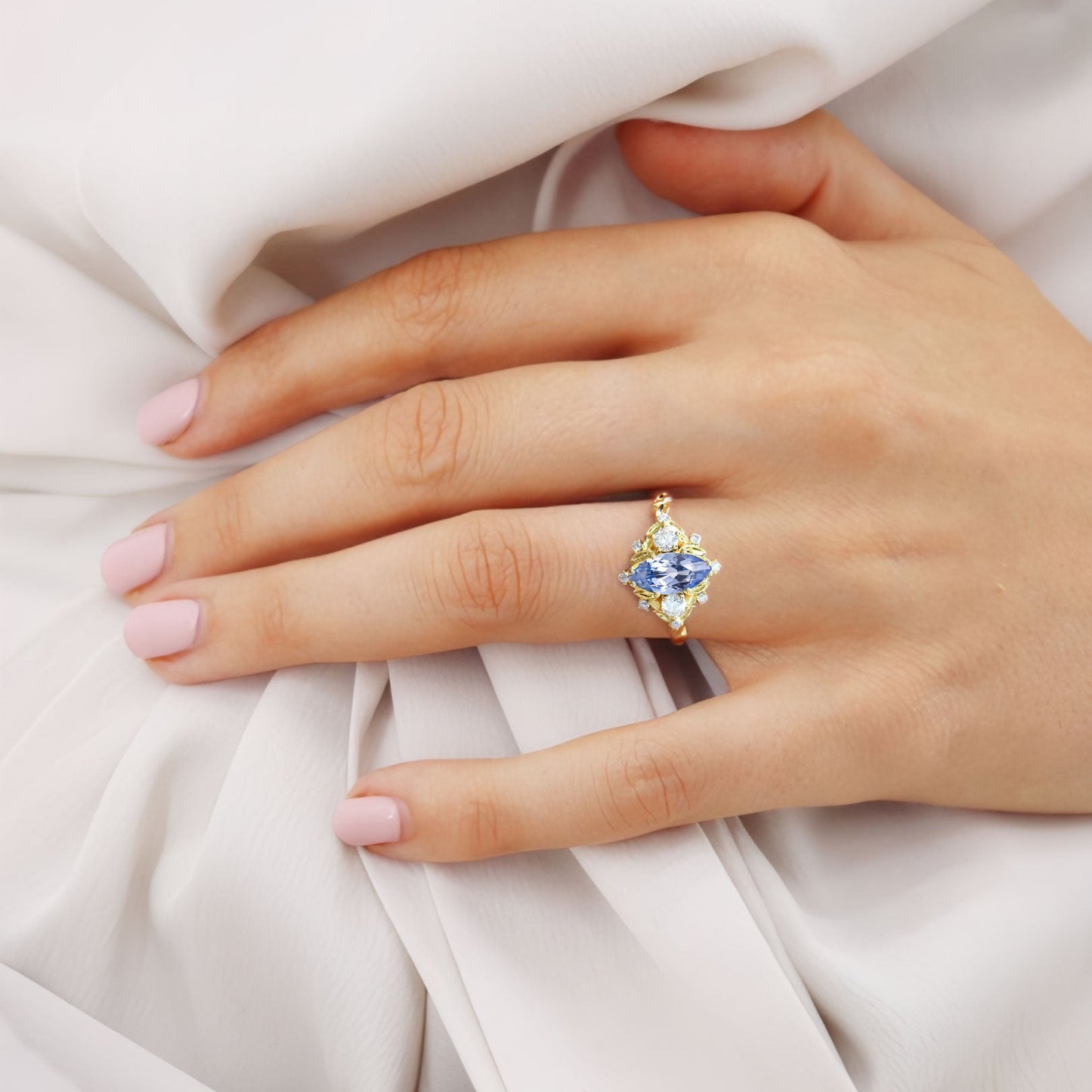 Unique floral engagement rings Marquise Cornflower Sapphire Engagement Ring Moissanite Cluster Promise Ring
