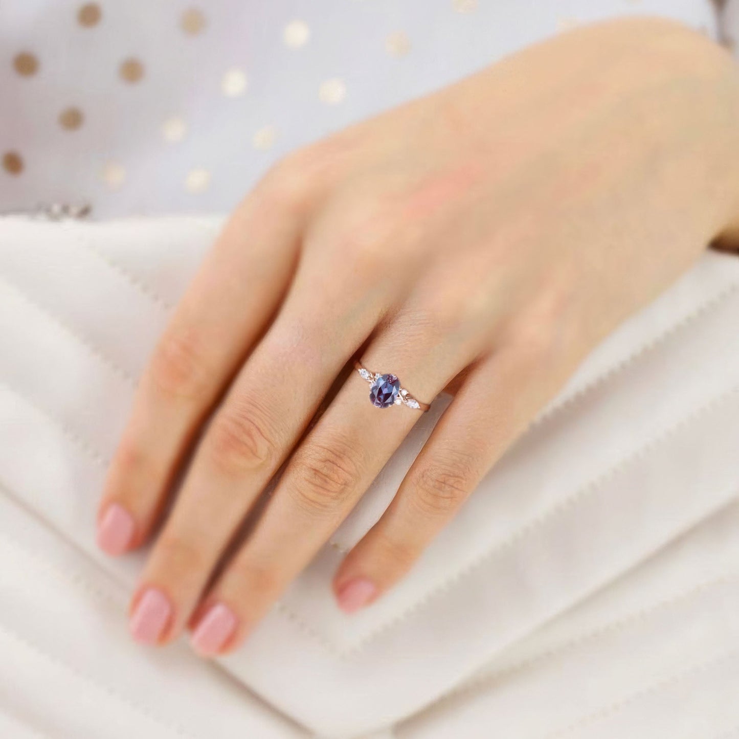 Vintage Oval Alexandrite and Moissanite Engagement Ring