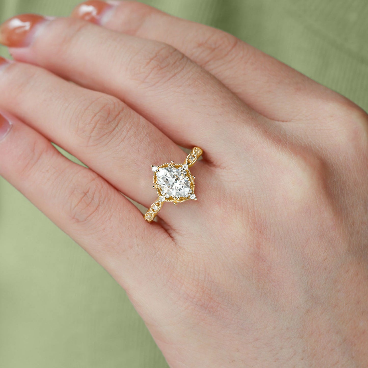 Vintage floral engagement rings Oval Moissanite Ring Wedding Ring