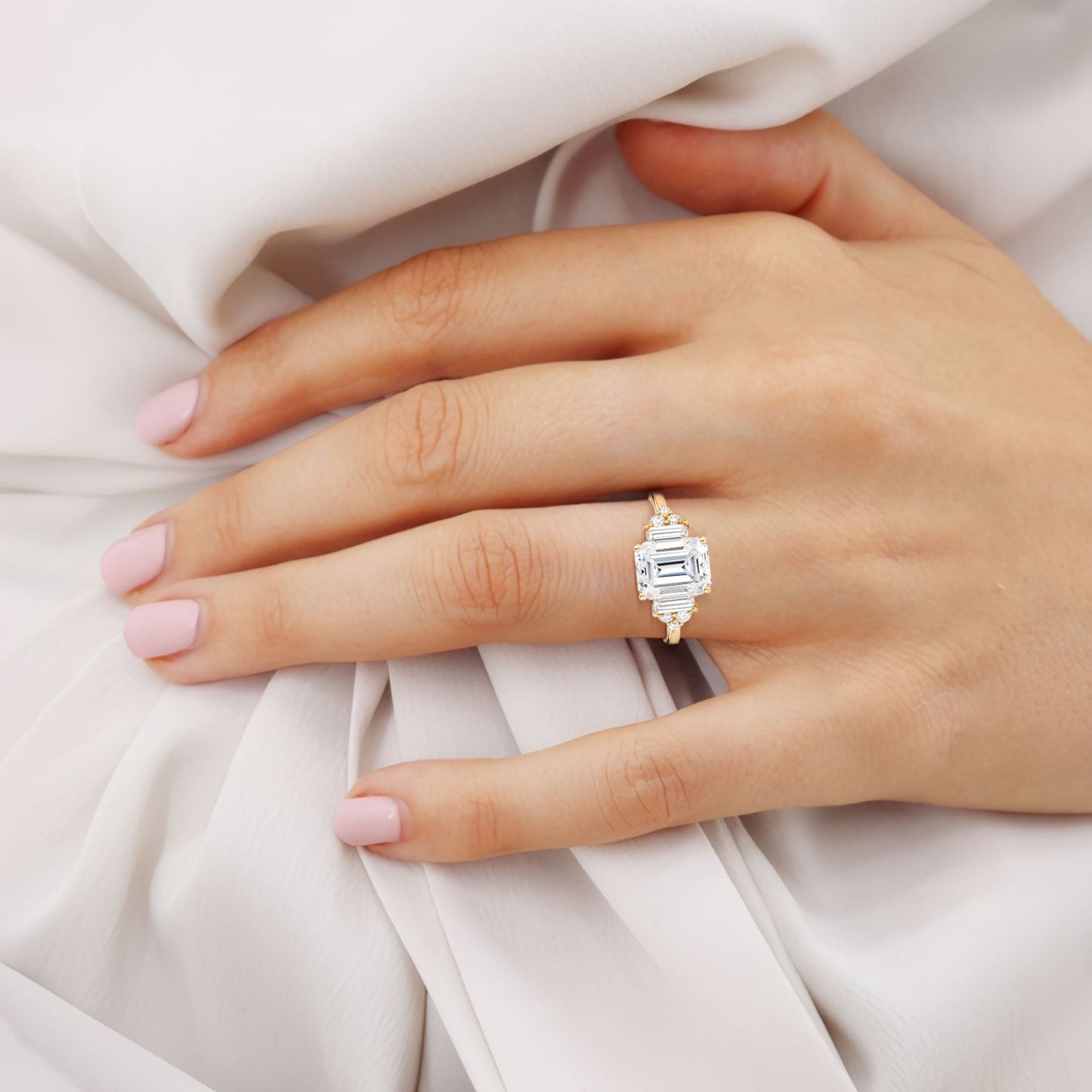 Unique Floral Three stone Emerald Cut Moissanite Engagement Ring