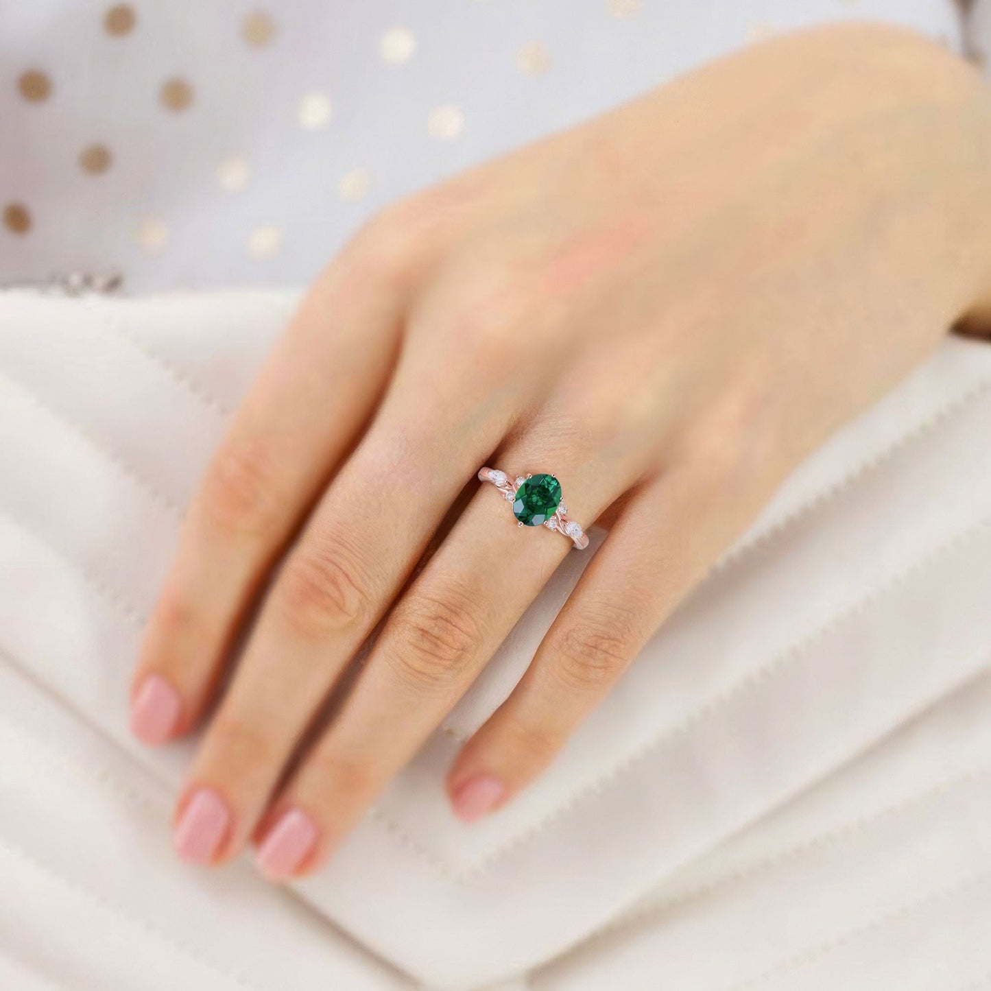 Unique Oval Emerald Split Shank Engagement Ring