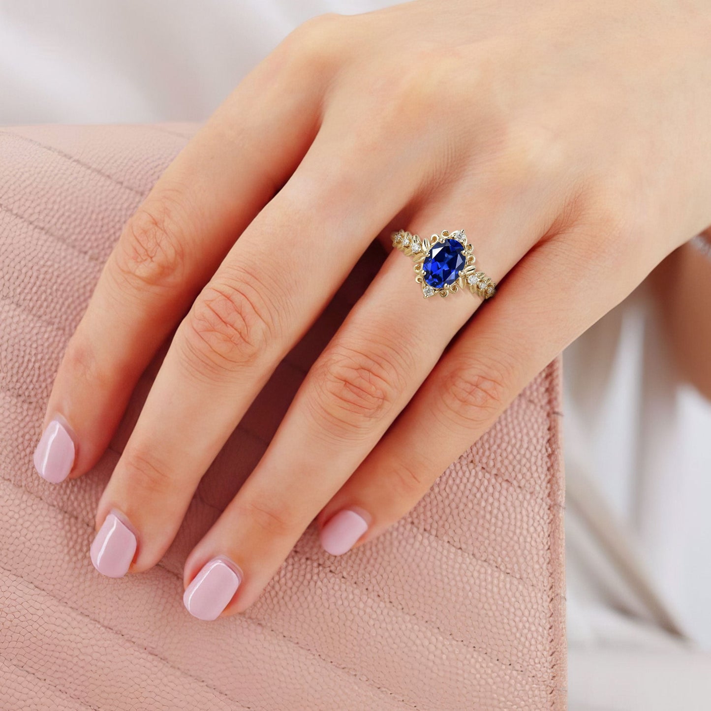 Unique Elegant Royal Blue Sapphire Filigree Leaf Engagement Ring
