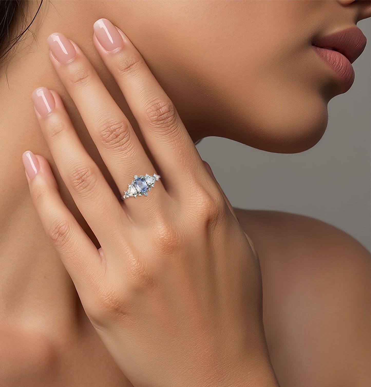 Unique Floral Rose Three Stone Oval Lab Lavender Sapphire Ring