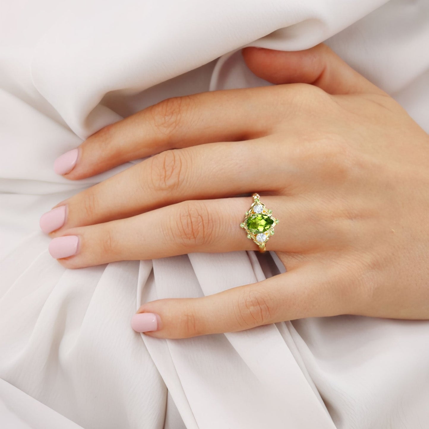 Unique floral engagement rings Pear Peridot Flower Engagement Ring Peridot Halo Leaf Wedding Ring