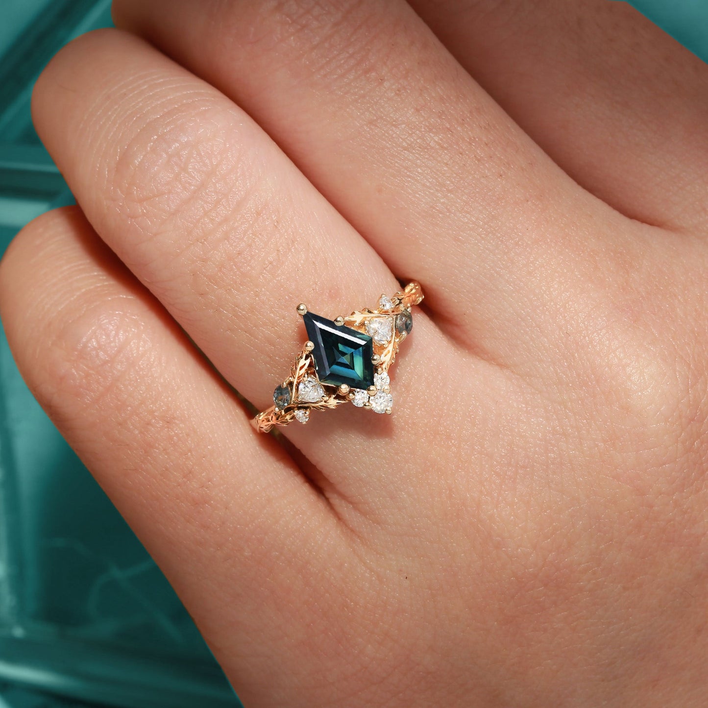 Unique floral engagement rings Kite Green Sapphire Oak Leaf Engagement Ring
