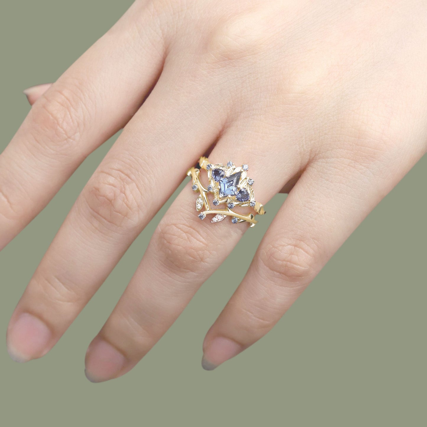 Unique floral engagement rings Kite Sapphire Engagement Ring Set Sapphire Cluster Ring Leaf Floral Wedding Ring Set