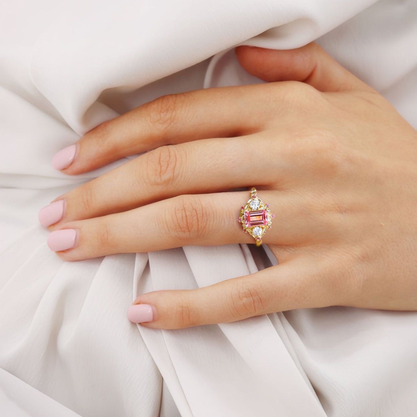 Unique floral engagement rings Emerald Cut Padparadscha Engagement Ring Leaf Design Padparadscha Cluster Wedding Ring