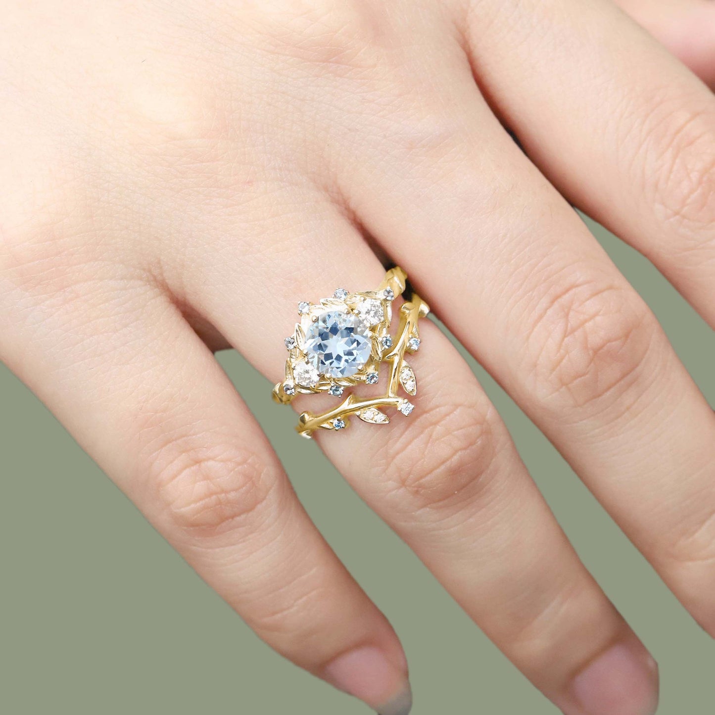 Unique floral engagement rings Round Natural Aquamarine Leaf Engagement Ring Set