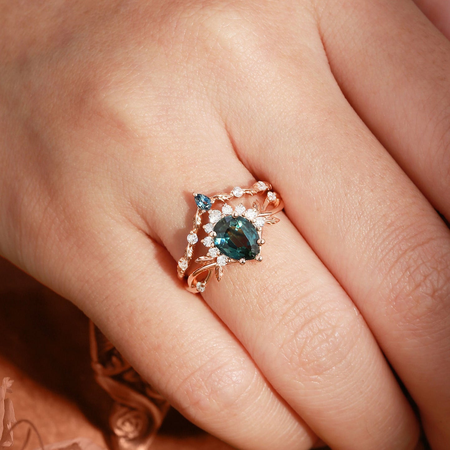 Vintage floral engagement rings Pear Green Sapphire Engagement Ring Set