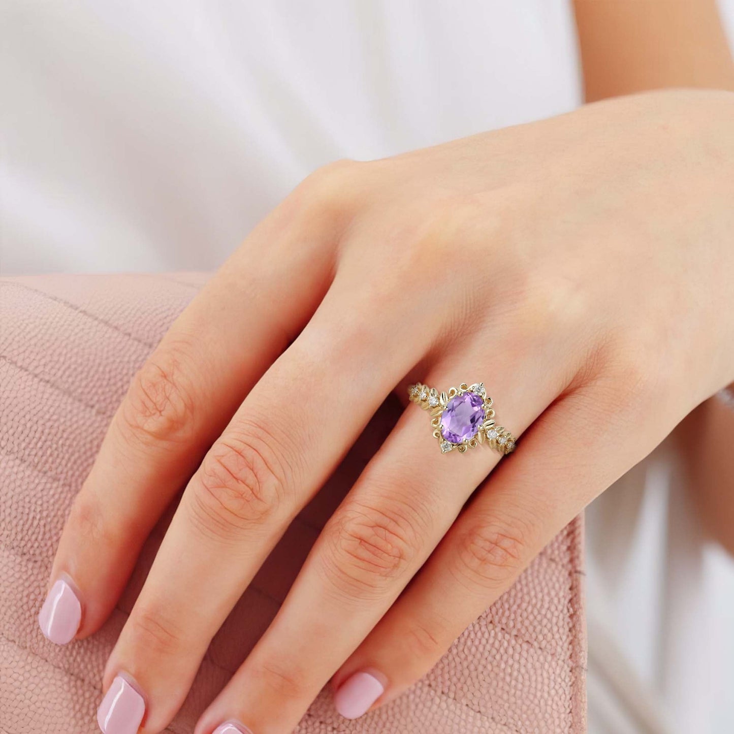 Unique Elegant Royal Oval Amethyst Filigree Leaf Engagement Ring