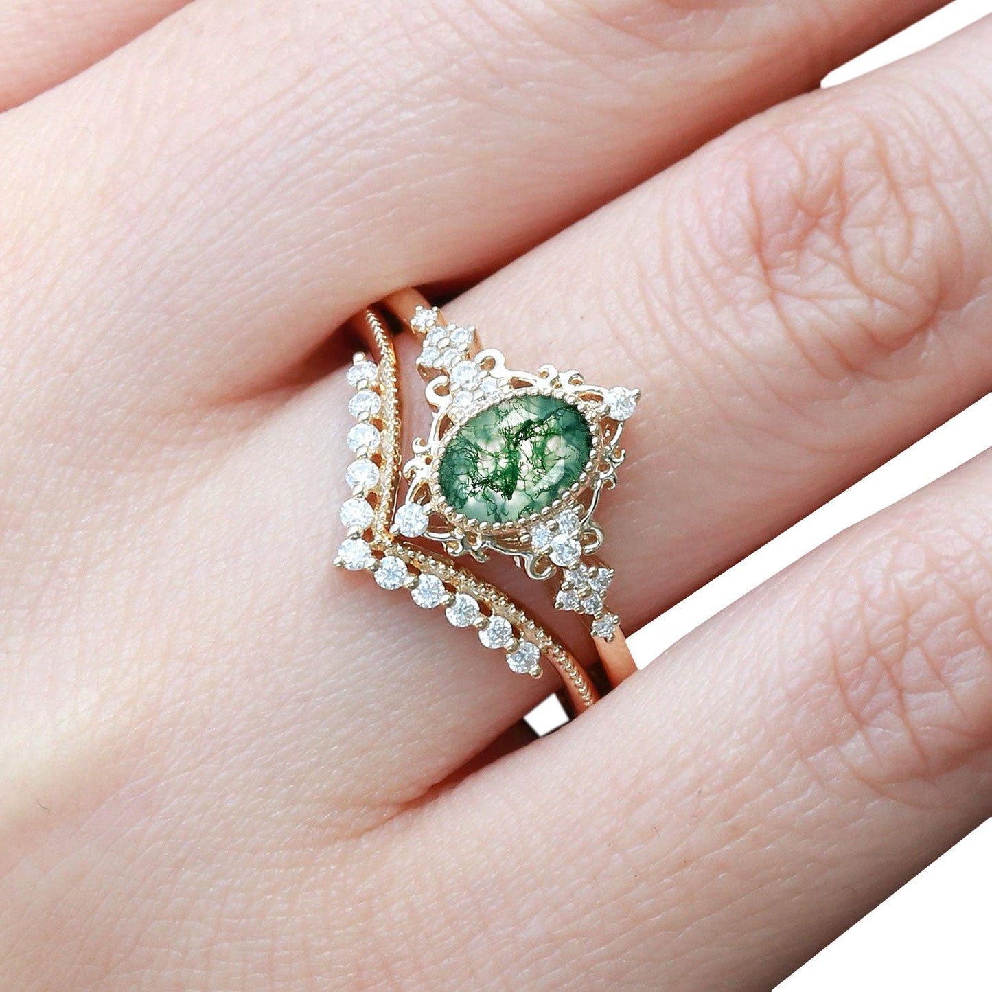 Vintage floral engagement rings Oval Moss Agate Milgrain Engagement Ring Set