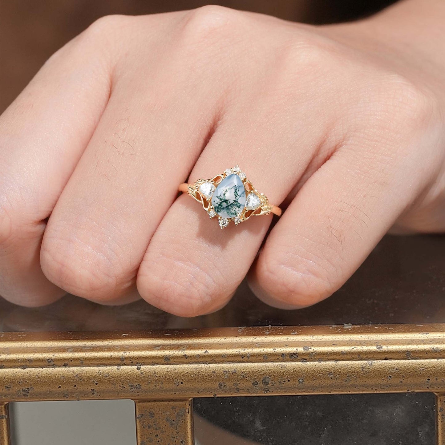 Unique floral engagement rings Pear Moss Agate and Moissanite side stones Leaf Ring Engagement Ring