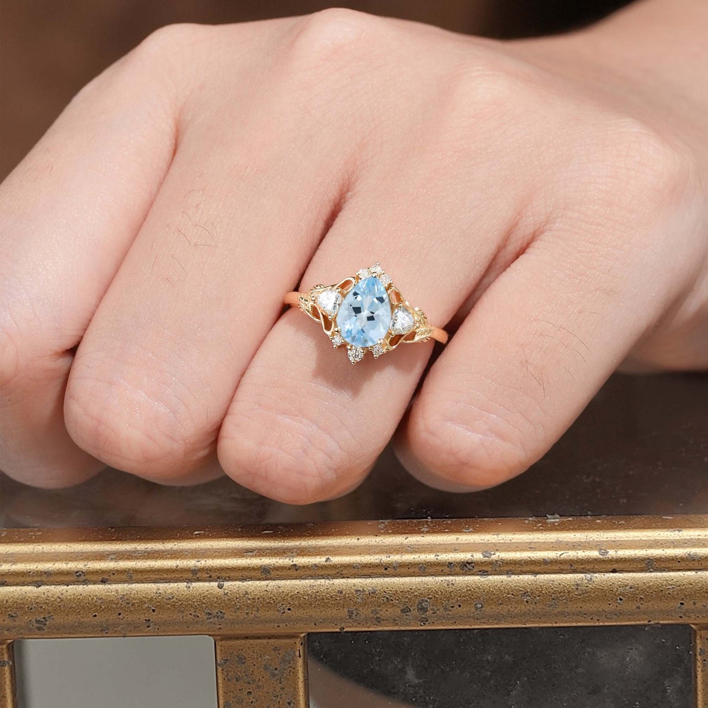 Unique floral engagement rings Pear Aquamarine and Moissanite side stones Leaf Ring Engagement Ring