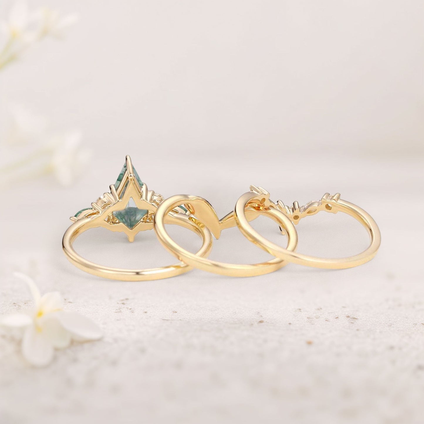 Unique floral engagement rings Kite Moss Agate Leafy Engagement Bridal Set