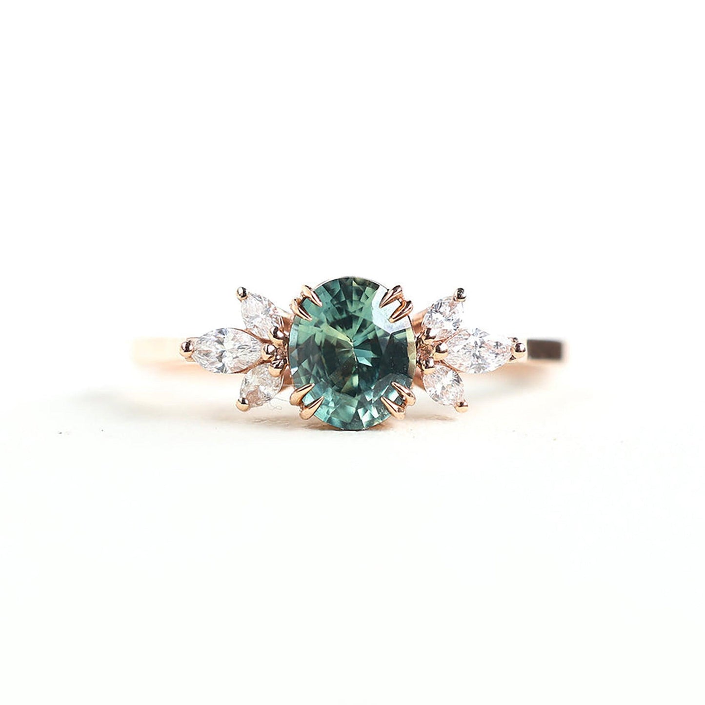 Unique Floral Rose Oval Lab Light Green Sapphire Ring