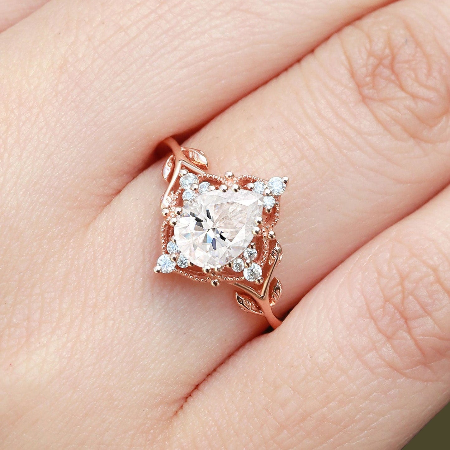 Vintage floral engagement rings Pear Moissanite Leafy Engagement Ring