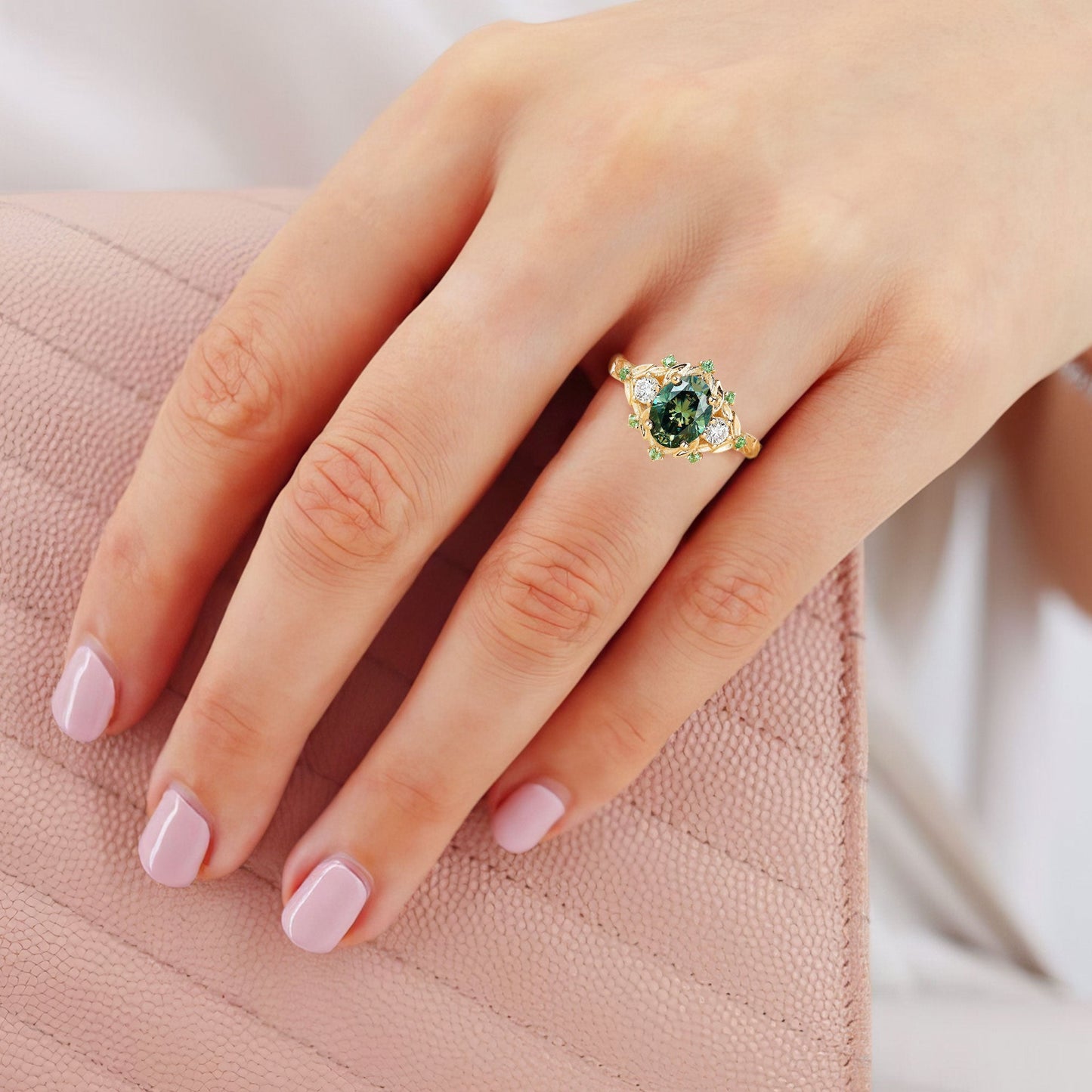 Vintage floral engagement rings Oval Green Moissanite Flower Engagement Ring Halo Promise Ring