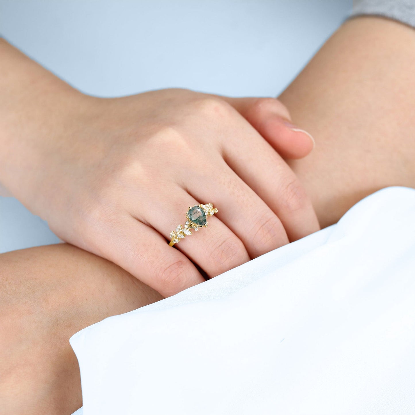 Unique floral engagement ringsPear Moss Agate Leaf Engagement Ring Mystical Garden Bridal Ring Promise Ring