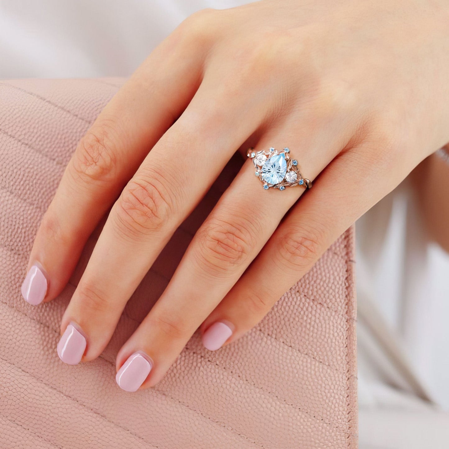 Unique Pear Aquamarine Cluster Leaf Wedding Ring Handmade Anniversary Ring Gift For Women