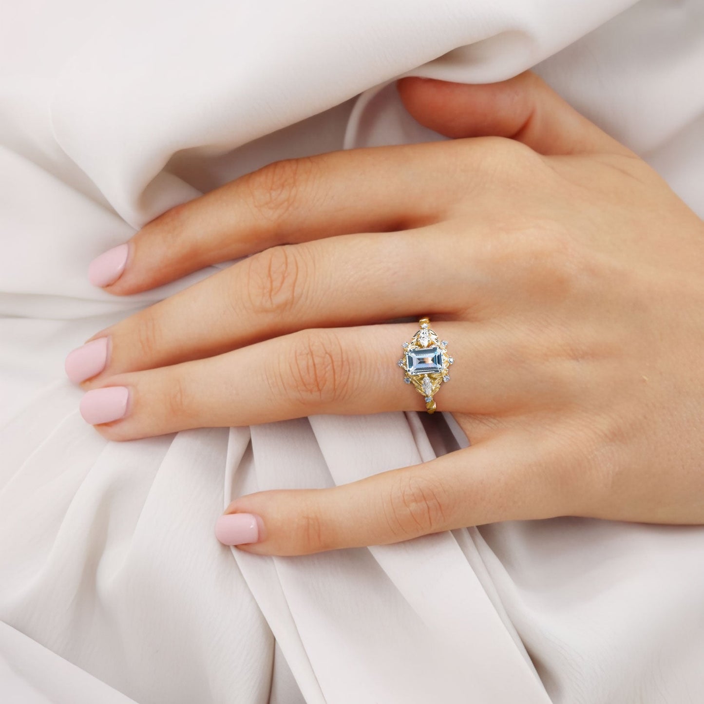 Unique floral engagement rings Emerald Cut Aquamarine Flower Engagement Ring Aquamarine Halo Leaf Wedding Ring