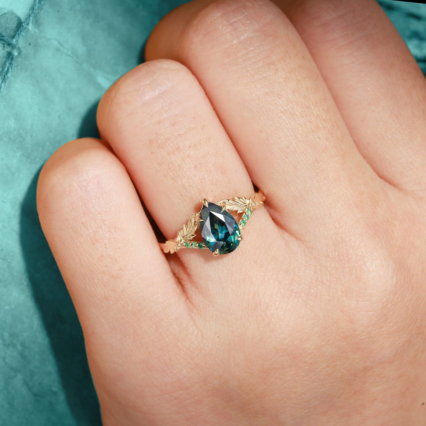 Unique floral engagement rings Pear Green Sapphire Leaf Engagement Ring