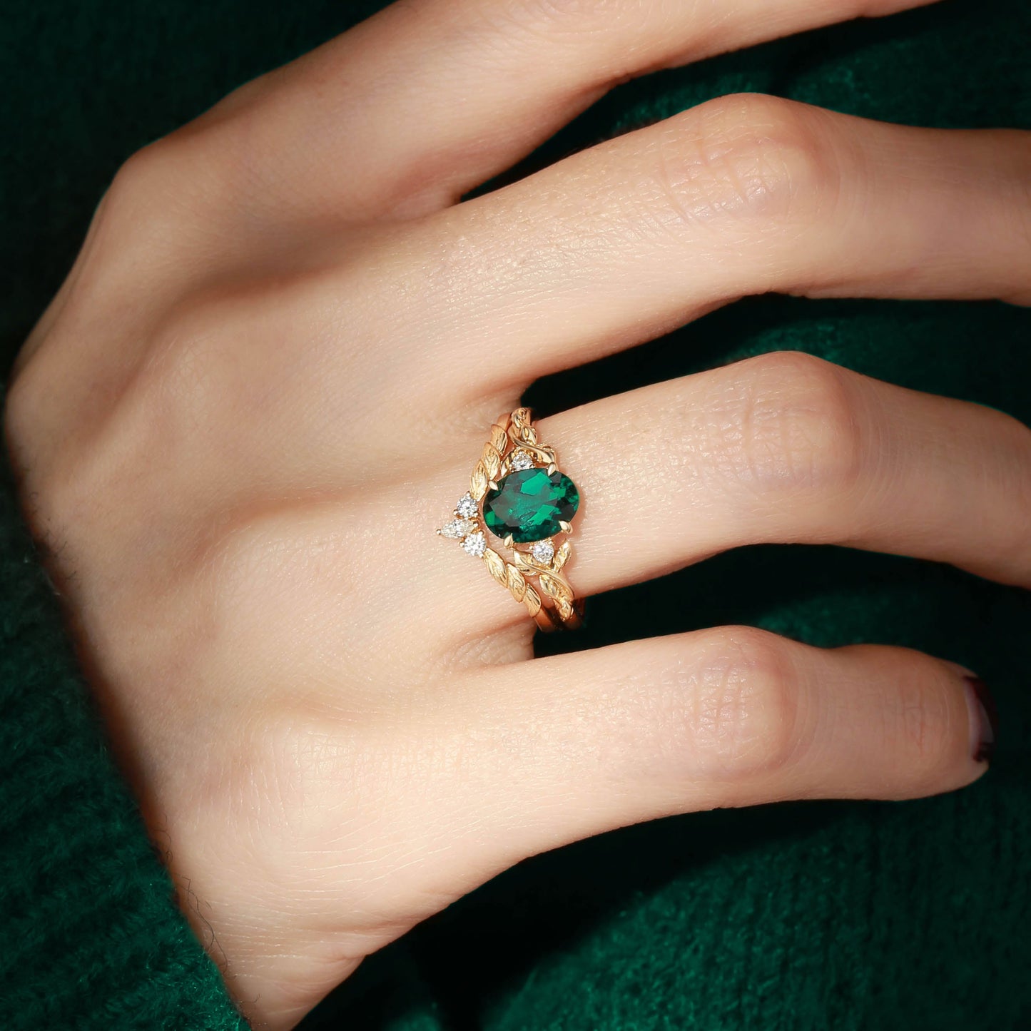 Unique floral engagement rings Nature Inspired Oval Lab Emerald  Engagement Ring Set