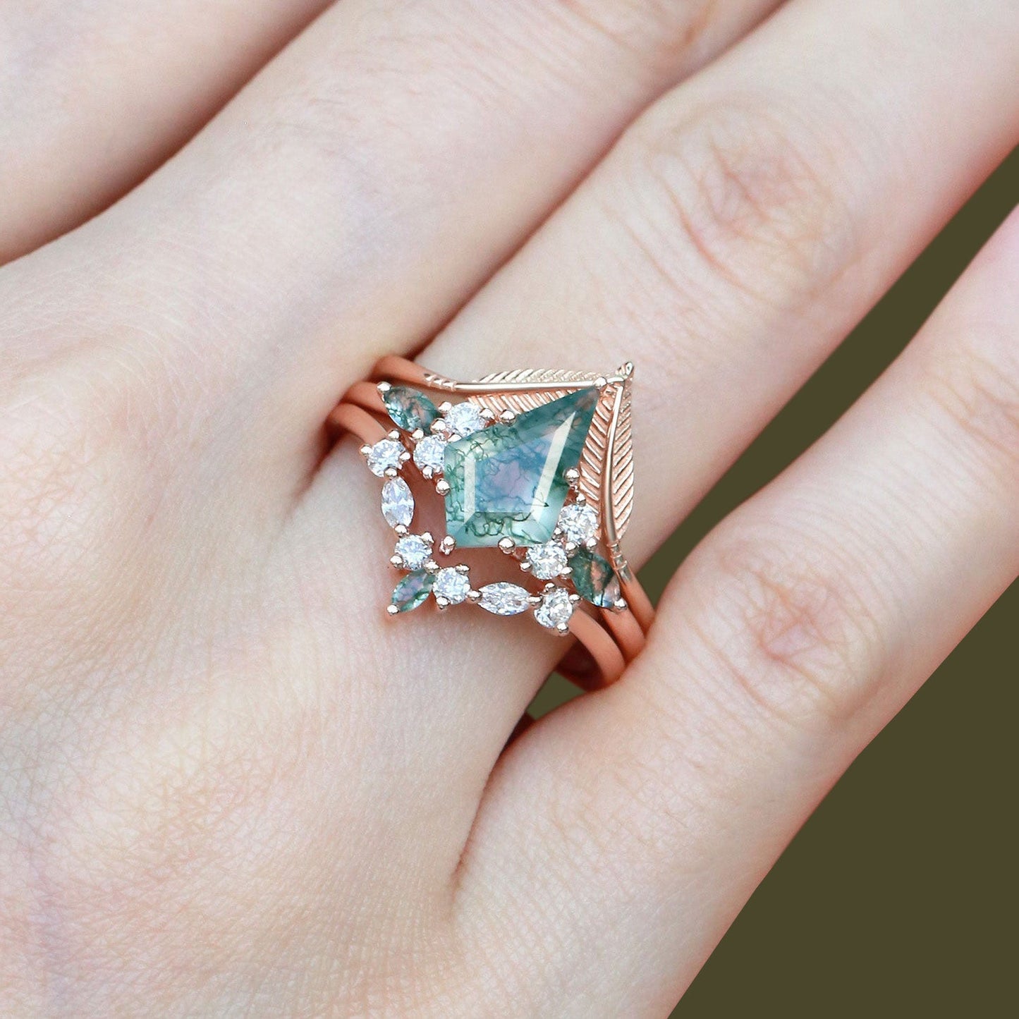 Unique floral engagement rings Kite Moss Agate Leafy Engagement Bridal Set