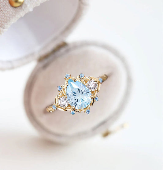 Unique Pear Aquamarine Cluster Leaf Wedding Ring Handmade Anniversary Ring Gift For Women